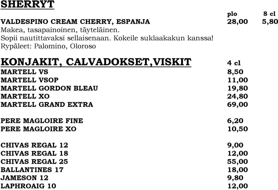 Rypäleet: Palomino, Oloroso KONJAKIT, CALVADOKSET,VISKIT 4 cl MARTELL VS 8,50 MARTELL VSOP 11,00 MARTELL GORDON BLEAU