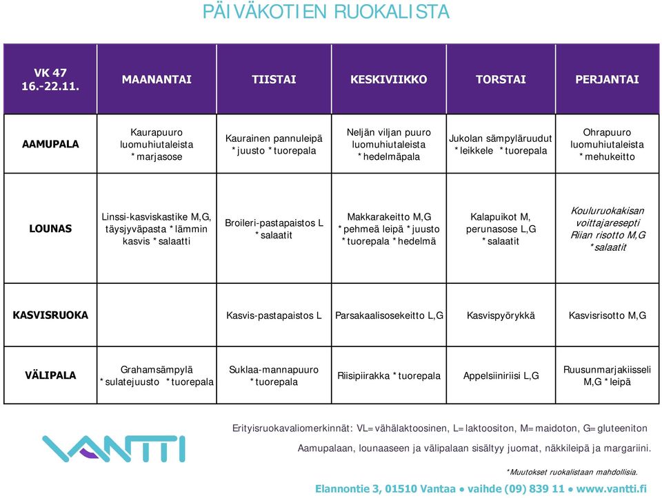 M,G, täysjyväpasta *lämmin kasvis Broileri-pastapaistos L Makkarakeitto M,G *pehmeä leipä *juusto Kalapuikot M, perunasose L,G