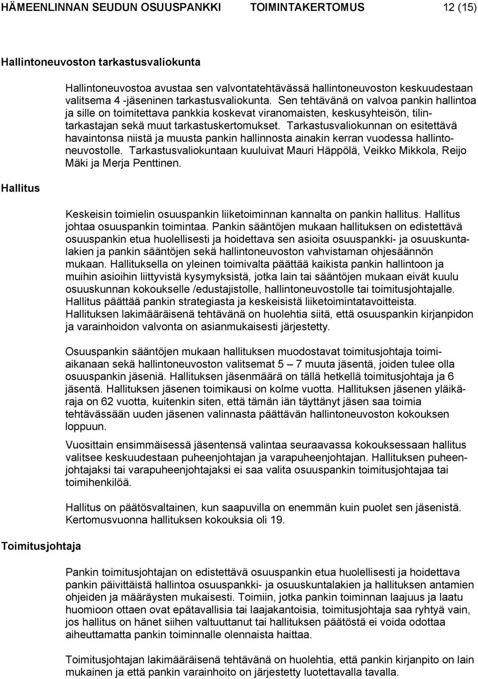 Sen tehtävänä on valvoa pankin hallintoa ja sille on toimitettava pankkia koskevat viranomaisten, keskusyhteisön, tilintarkastajan sekä muut tarkastuskertomukset.