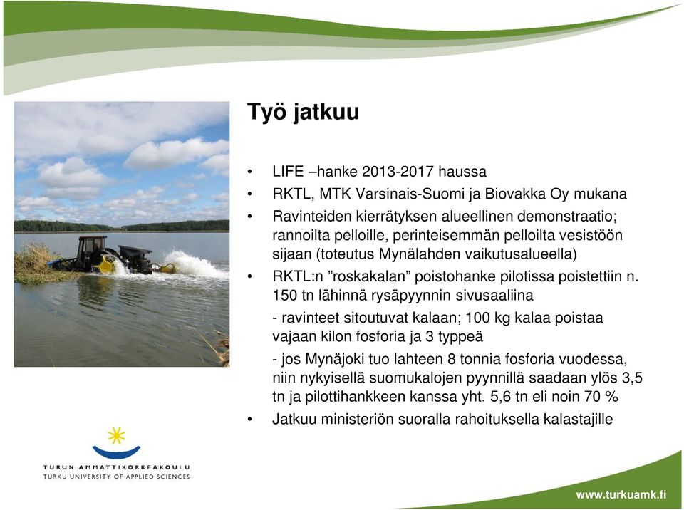 150 tn lähinnä rysäpyynnin sivusaaliina - ravinteet sitoutuvat kalaan; 100 kg kalaa poistaa vajaan kilon fosforia ja 3 typpeä - jos Mynäjoki tuo lahteen 8