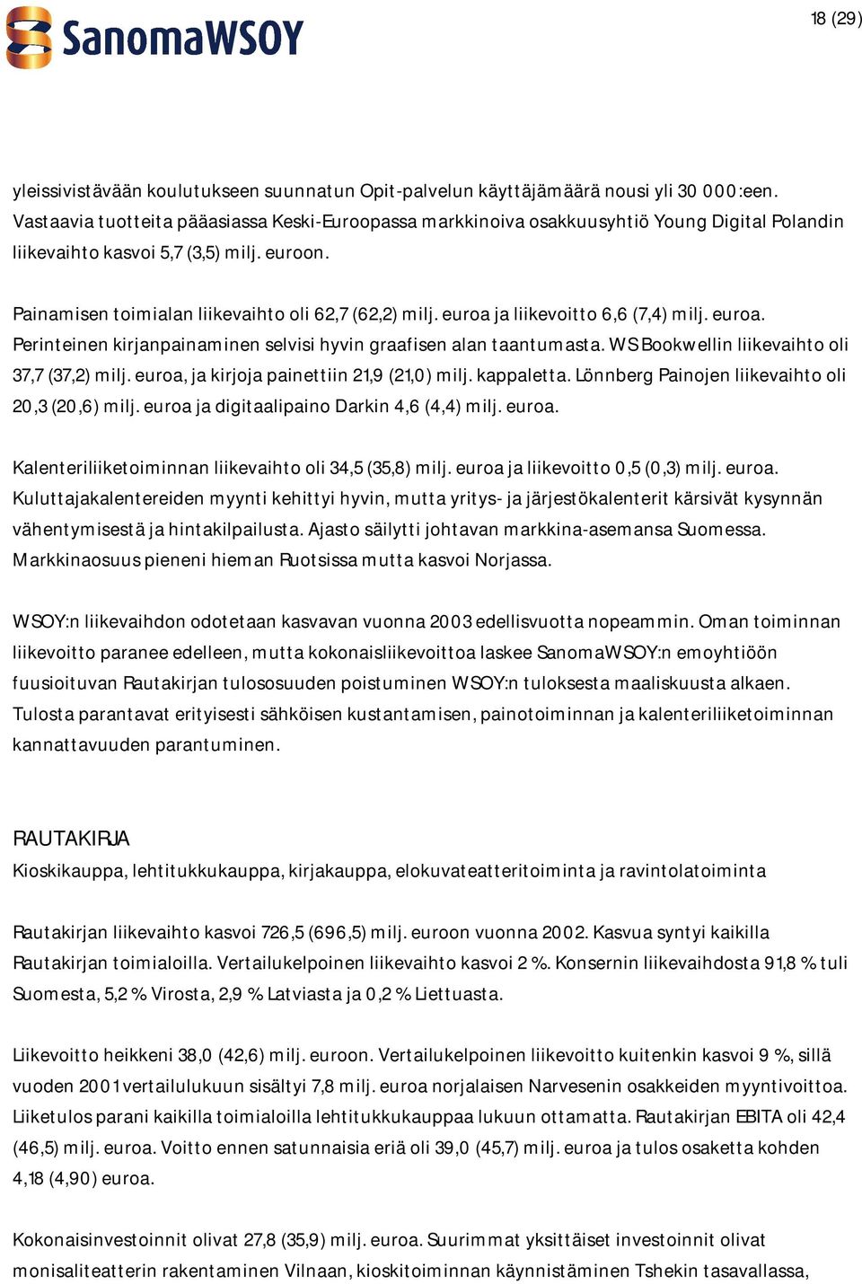 euroa ja liikevoitto 6,6 (7,4) milj. euroa. Perinteinen kirjanpainaminen selvisi hyvin graafisen alan taantumasta. WS Bookwellin liikevaihto oli 37,7 (37,2) milj.