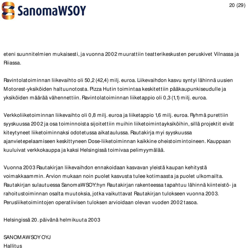 Ravintolatoiminnan liiketappio oli 0,3 (1,1) milj. euroa.