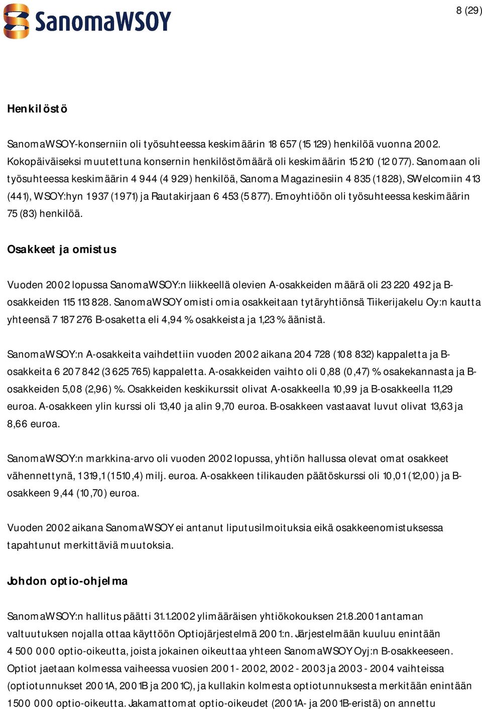 Emoyhtiöön oli työsuhteessa keskimäärin 75 (83) henkilöä. Osakkeet ja omistus Vuoden 2002 lopussa SanomaWSOY:n liikkeellä olevien A-osakkeiden määrä oli 23 220 492 ja B- osakkeiden 115 113 828.