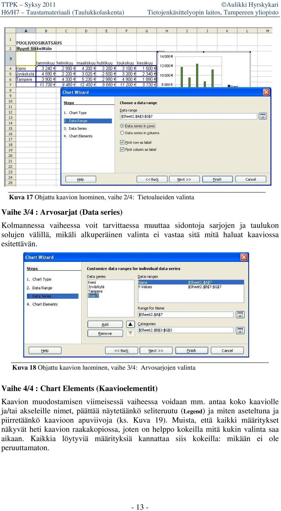 Kuva 18 Ohjattu kaavion luominen, vaihe 3/4: Arvosarjojen valinta Vaihe 4/4 : Chart Elements (Kaavioelementit) Kaavion muodostamisen viimeisessä vaiheessa voidaan mm.