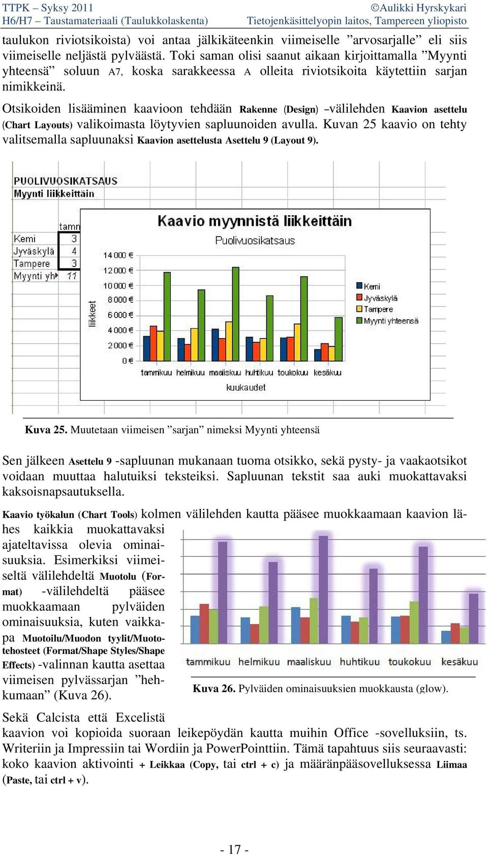 Otsikoiden lisääminen kaavioon tehdään Rakenne (Design) välilehden Kaavion asettelu (Chart Layouts) valikoimasta löytyvien sapluunoiden avulla.