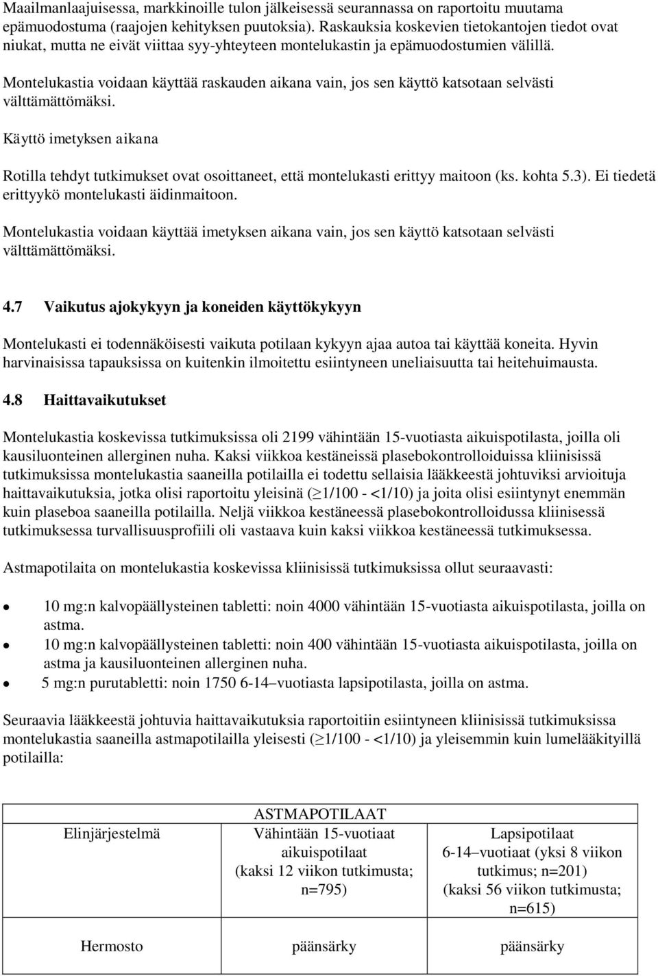 Montelukastia voidaan käyttää raskauden aikana vain, jos sen käyttö katsotaan selvästi välttämättömäksi.