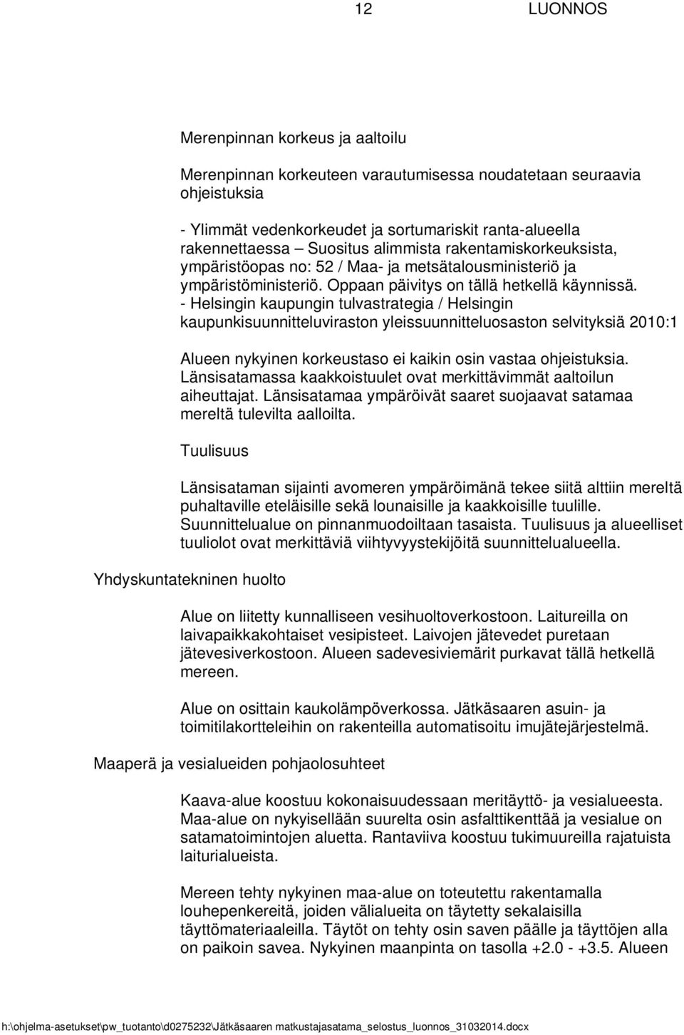 - Helsingin kaupungin tulvastrategia / Helsingin kaupunkisuunnitteluviraston yleissuunnitteluosaston selvityksiä 2010:1 Alueen nykyinen korkeustaso ei kaikin osin vastaa ohjeistuksia.