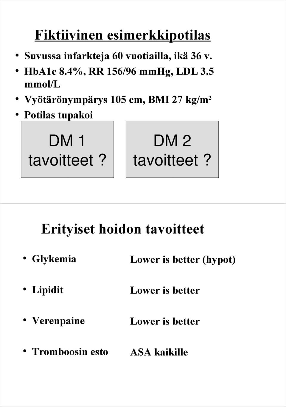 5 mmol/l Vyötärönympärys 105 cm, BMI 27 kg/m 2 Potilas tupakoi DM 1 tavoitteet?