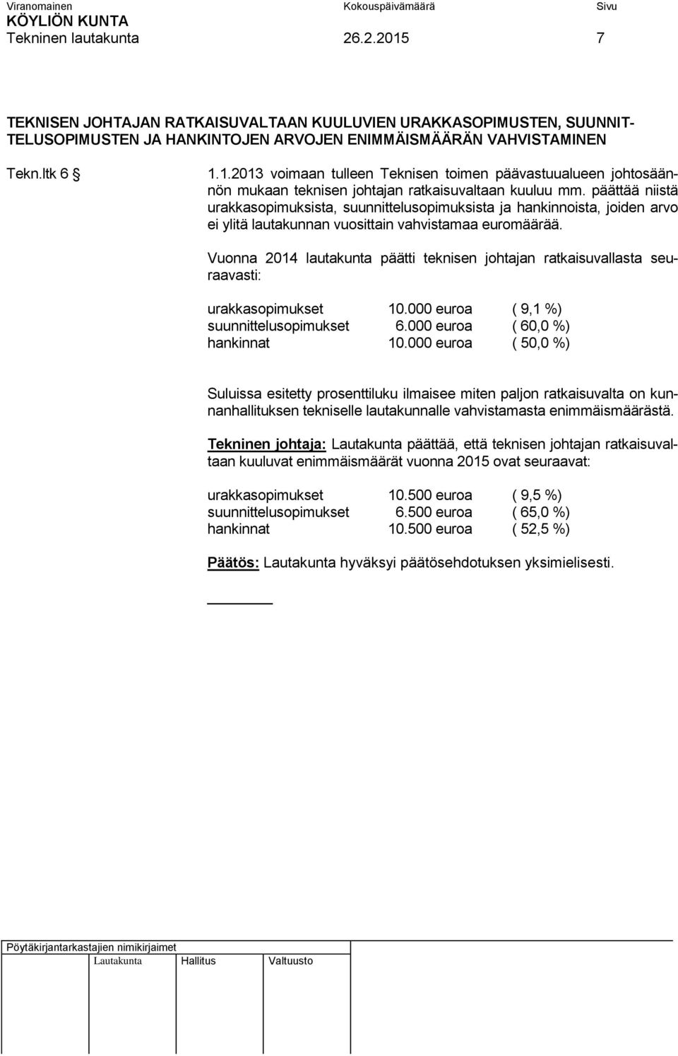 Vuonna 2014 lautakunta päätti teknisen johtajan ratkaisuvallasta seuraavasti: urakkasopimukset 10.000 euroa ( 9,1 %) suunnittelusopimukset 6.000 euroa ( 60,0 %) hankinnat 10.