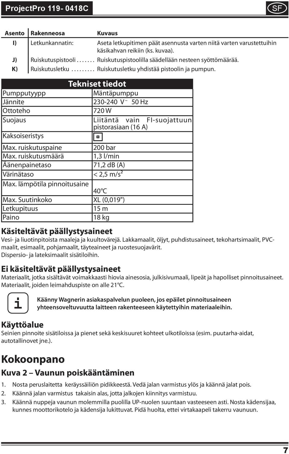Teknset tedot Pumpputyypp Mäntäpumppu Jännte 230-240 V ~ 50 Hz Ottoteho 720 W Suojaus Ltäntä van FI-suojattuun pstorasaan (16 A) Kaksoserstys Max. ruskutuspane 200 bar Max.