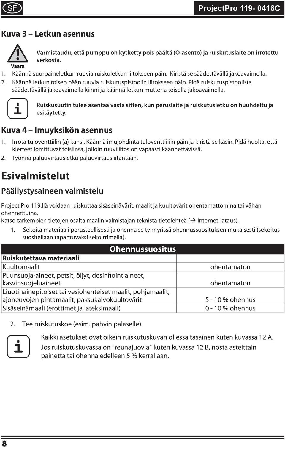 Pdä ruskutuspstoolsta säädettävällä jakoavamella knn ja käännä letkun muttera tosella jakoavamella. Ruskusuutn tulee asentaa vasta stten, kun peruslate ja ruskutusletku on huuhdeltu ja estäytetty.