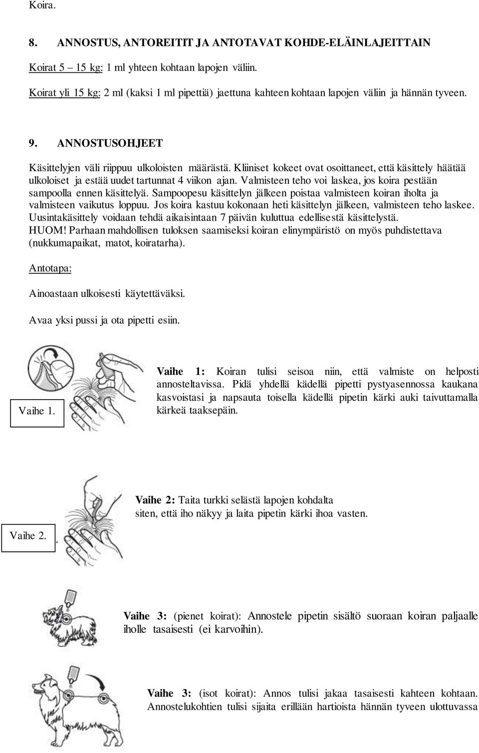 Kliiniset kokeet ovat osoittaneet, että käsittely häätää ulkoloiset ja estää uudet tartunnat 4 viikon ajan. Valmisteen teho voi laskea, jos koira pestään sampoolla ennen käsittelyä.