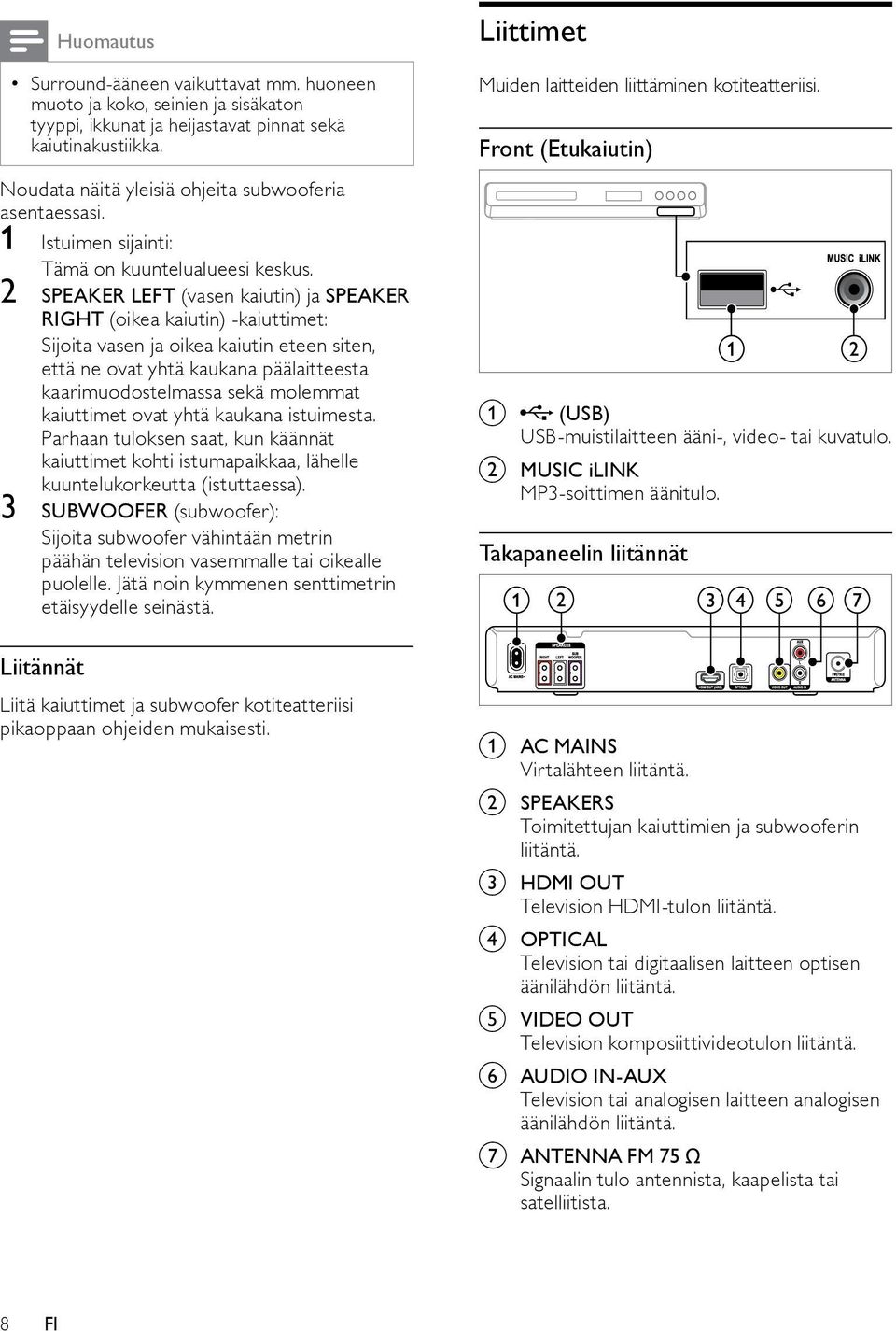 2 SPEAKER LEFT (vasen kaiutin) ja SPEAKER RIGHT (oikea kaiutin) -kaiuttimet: Sijoita vasen ja oikea kaiutin eteen siten, että ne ovat yhtä kaukana päälaitteesta kaarimuodostelmassa sekä molemmat