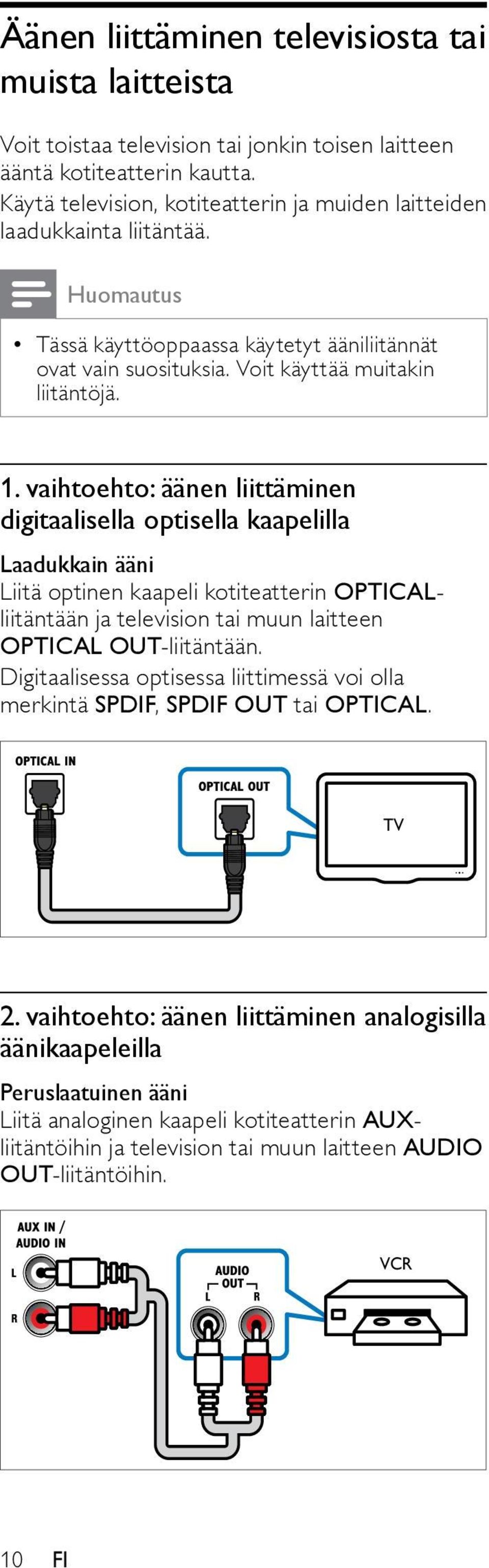 vaihtoehto: äänen liittäminen digitaalisella optisella kaapelilla Laadukkain ääni Liitä optinen kaapeli kotiteatterin OPTICALliitäntään ja television tai muun laitteen OPTICAL OUT-liitäntään.