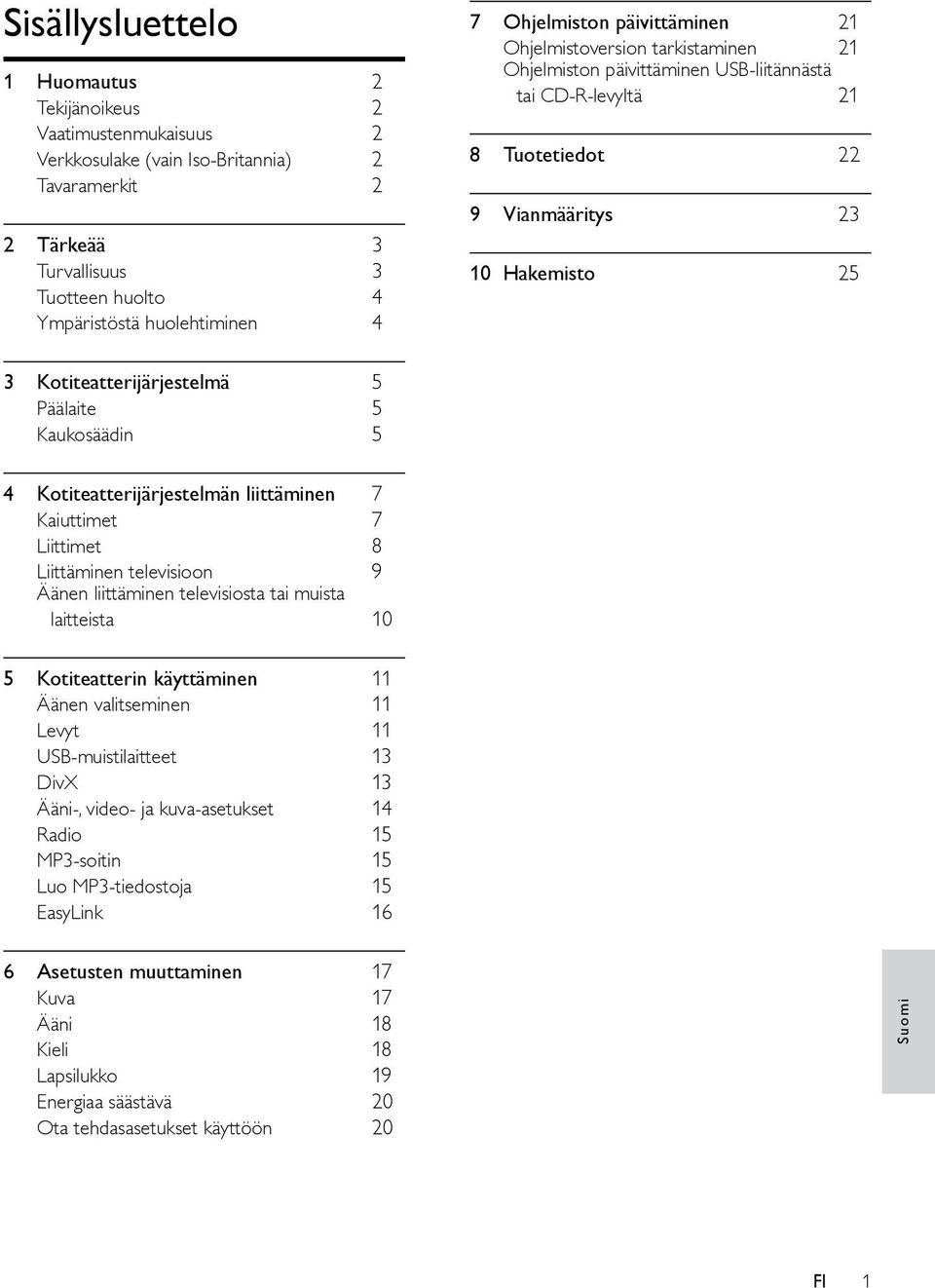 Kotiteatterijärjestelmä 5 Päälaite 5 Kaukosäädin 5 4 Kotiteatterijärjestelmän liittäminen 7 Kaiuttimet 7 Liittimet 8 Liittäminen televisioon 9 Äänen liittäminen televisiosta tai muista laitteista 10