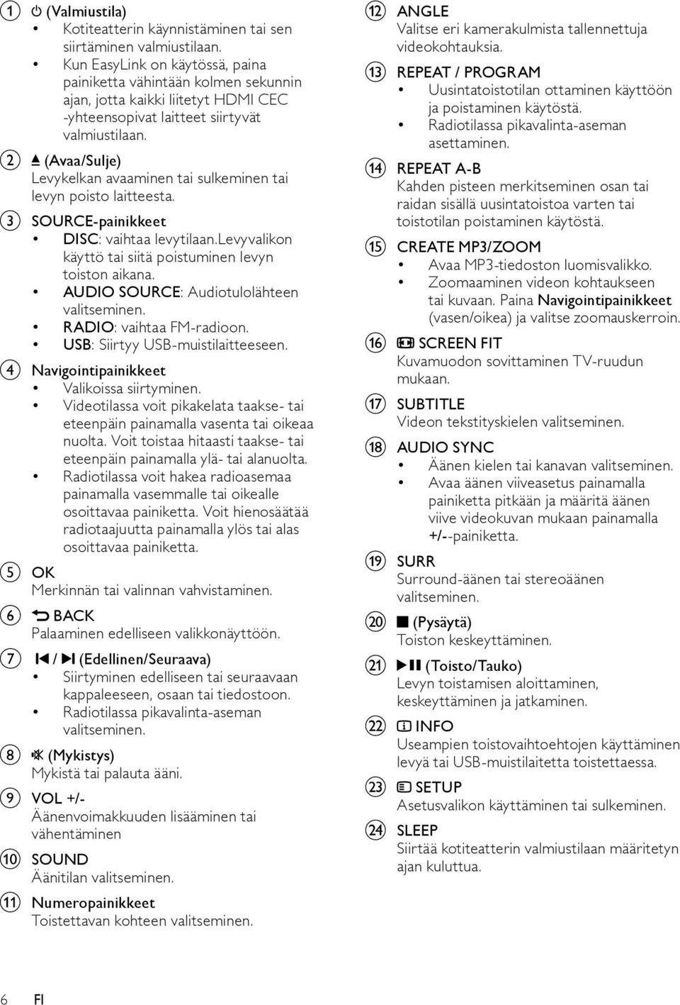 b (Avaa/Sulje) Levykelkan avaaminen tai sulkeminen tai levyn poisto laitteesta. c SOURCE-painikkeet DISC: vaihtaa levytilaan.levyvalikon käyttö tai siitä poistuminen levyn toiston aikana.