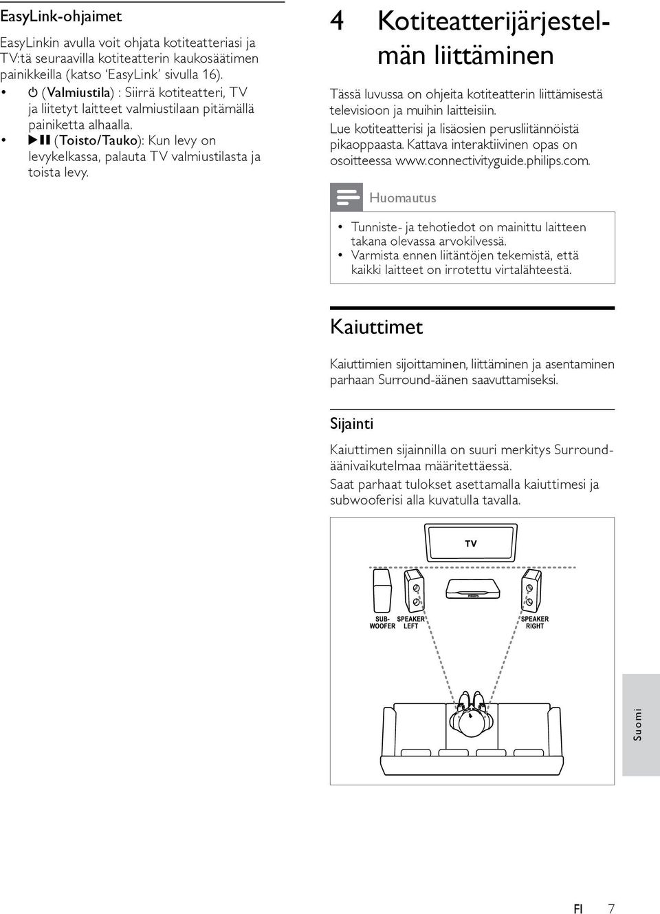 4 Kotiteatterijärjestelmän liittäminen Tässä luvussa on ohjeita kotiteatterin liittämisestä televisioon ja muihin laitteisiin. Lue kotiteatterisi ja lisäosien perusliitännöistä pikaoppaasta.