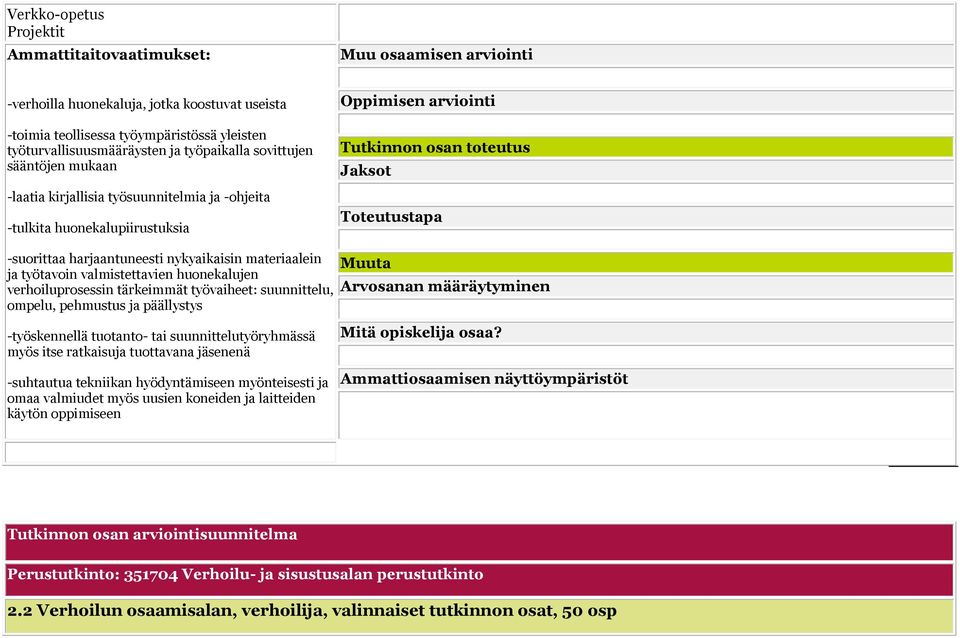 verhoiluprosessin tärkeimmät työvaiheet: suunnittelu, ompelu, pehmustus ja päällystys -työskennellä tuotanto- tai suunnittelutyöryhmässä myös itse ratkaisuja tuottavana jäsenenä -suhtautua