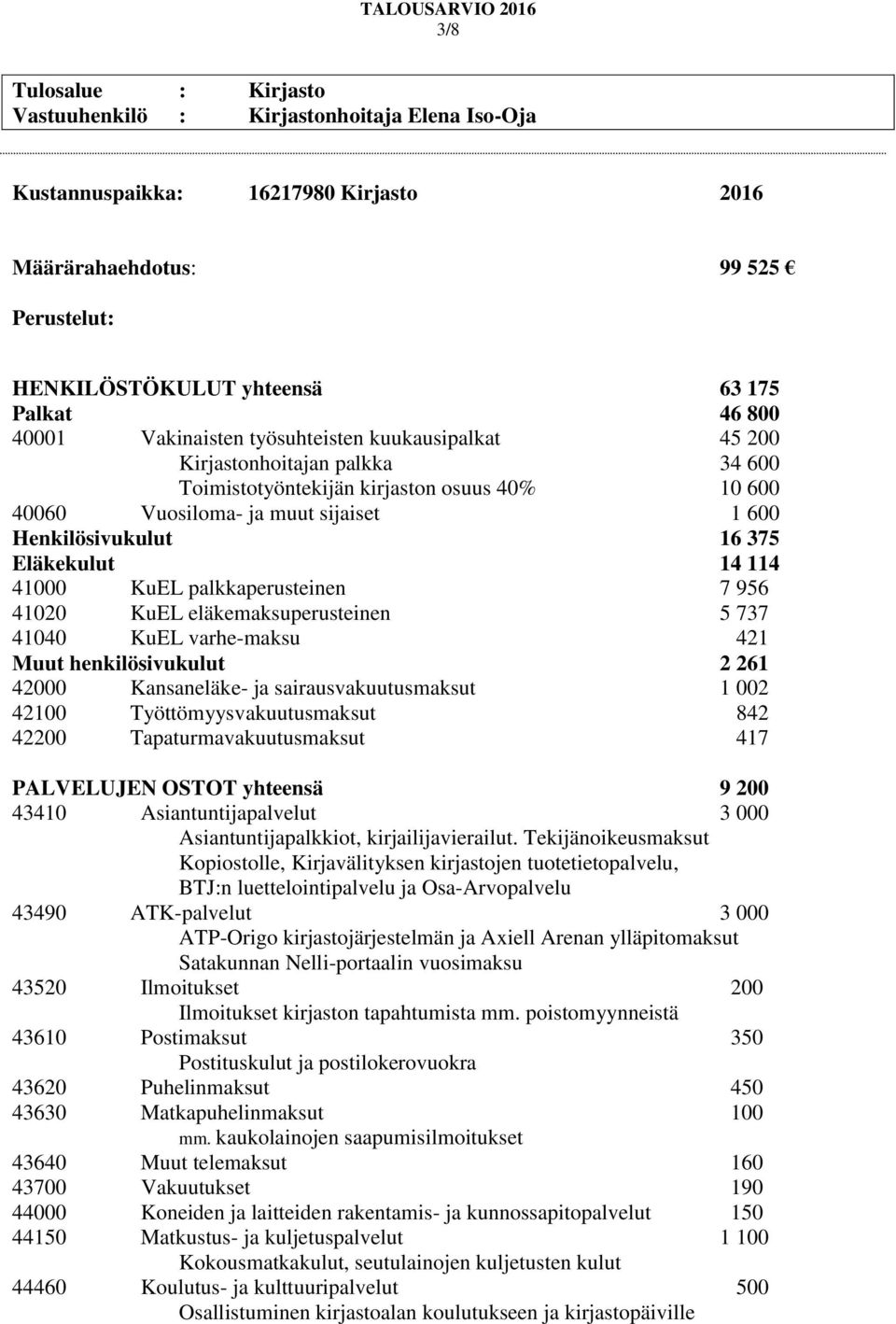 41020 KuEL eläkemaksuperusteinen 5 737 41040 KuEL varhe-maksu 421 Muut henkilösivukulut 2 261 42000 Kansaneläke- ja sairausvakuutusmaksut 1 002 42100 Työttömyysvakuutusmaksut 842 42200