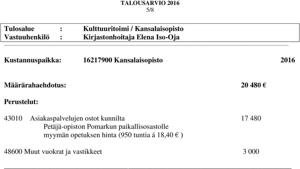 Asiakaspalvelujen ostot kunnilta 17 480 Petäjä-opiston Pomarkun