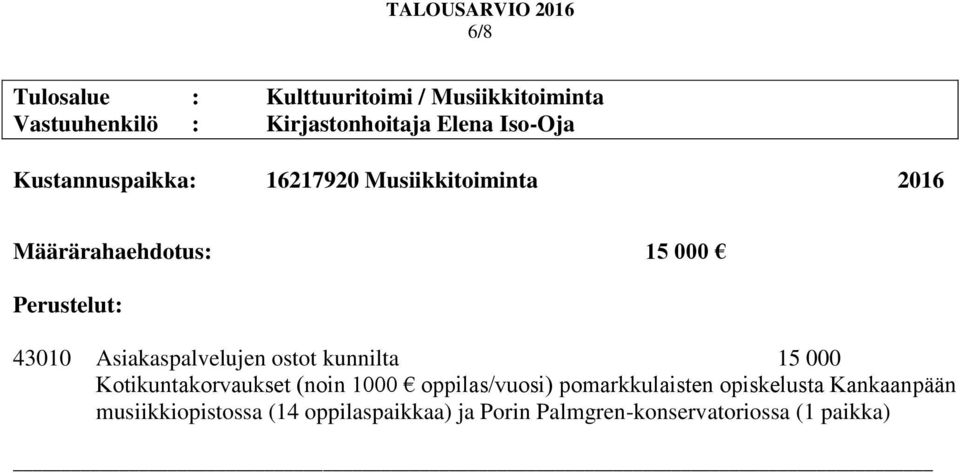 kunnilta 15 000 Kotikuntakorvaukset (noin 1000 oppilas/vuosi) pomarkkulaisten