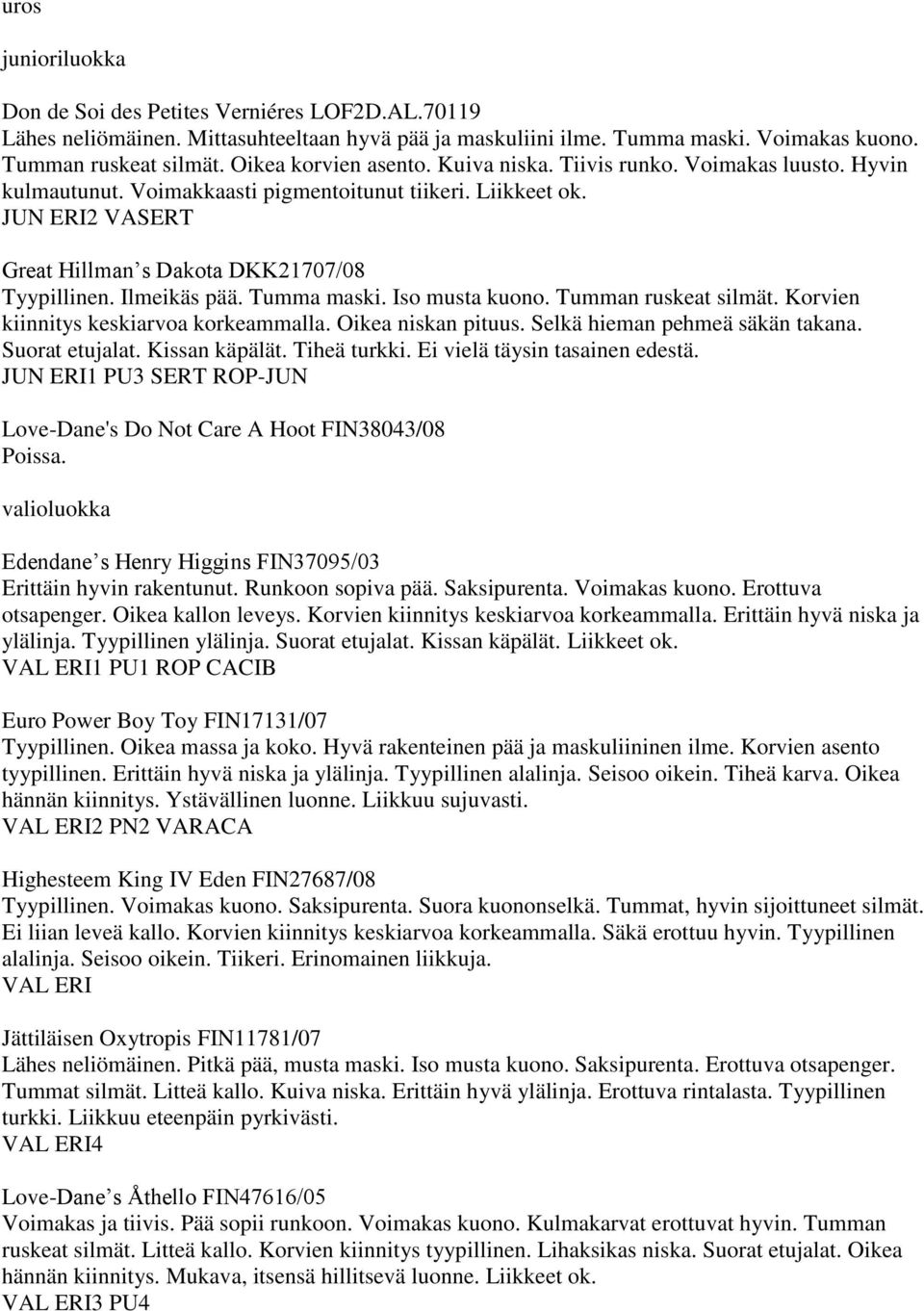 Tumma maski. Iso musta kuono. Tumman ruskeat silmät. Korvien kiinnitys keskiarvoa korkeammalla. Oikea niskan pituus. Selkä hieman pehmeä säkän takana. Suorat etujalat. Kissan käpälät. Tiheä turkki.