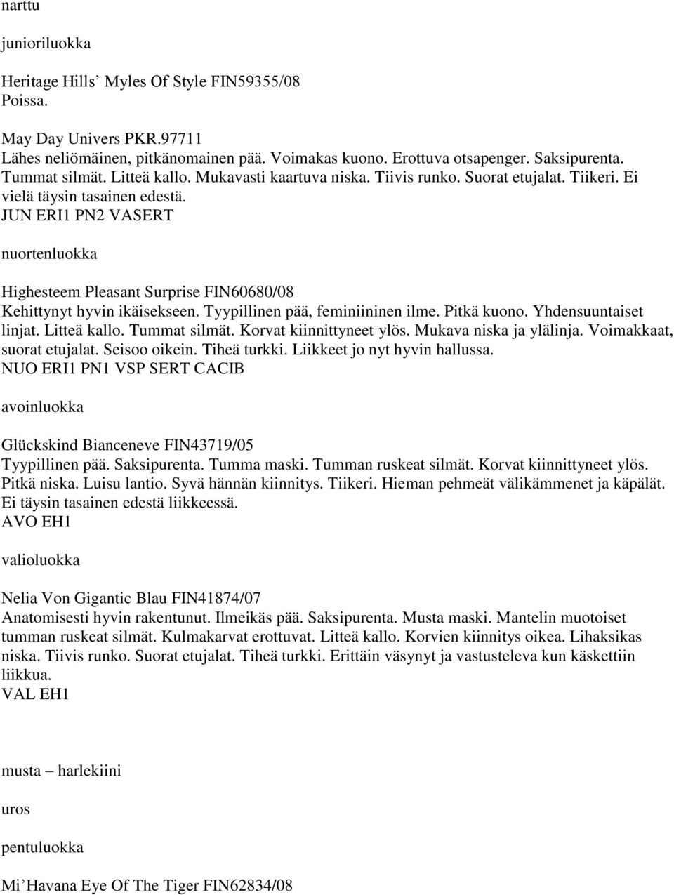 JUN ERI1 PN2 VASERT nuortenluokka Highesteem Pleasant Surprise FIN60680/08 Kehittynyt hyvin ikäisekseen. Tyypillinen pää, feminiininen ilme. Pitkä kuono. Yhdensuuntaiset linjat. Litteä kallo.