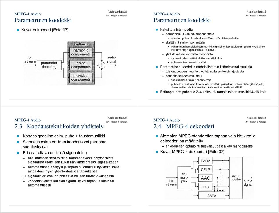 yksittäinen instrumentti) nopeuksilla 4 16 kbit/s yhdistelmä molemmista moodeista syntaksi tukee, määritellään transitiokohta automaattinen moodin valitsin Parametrisen koodekin mahdollistamia