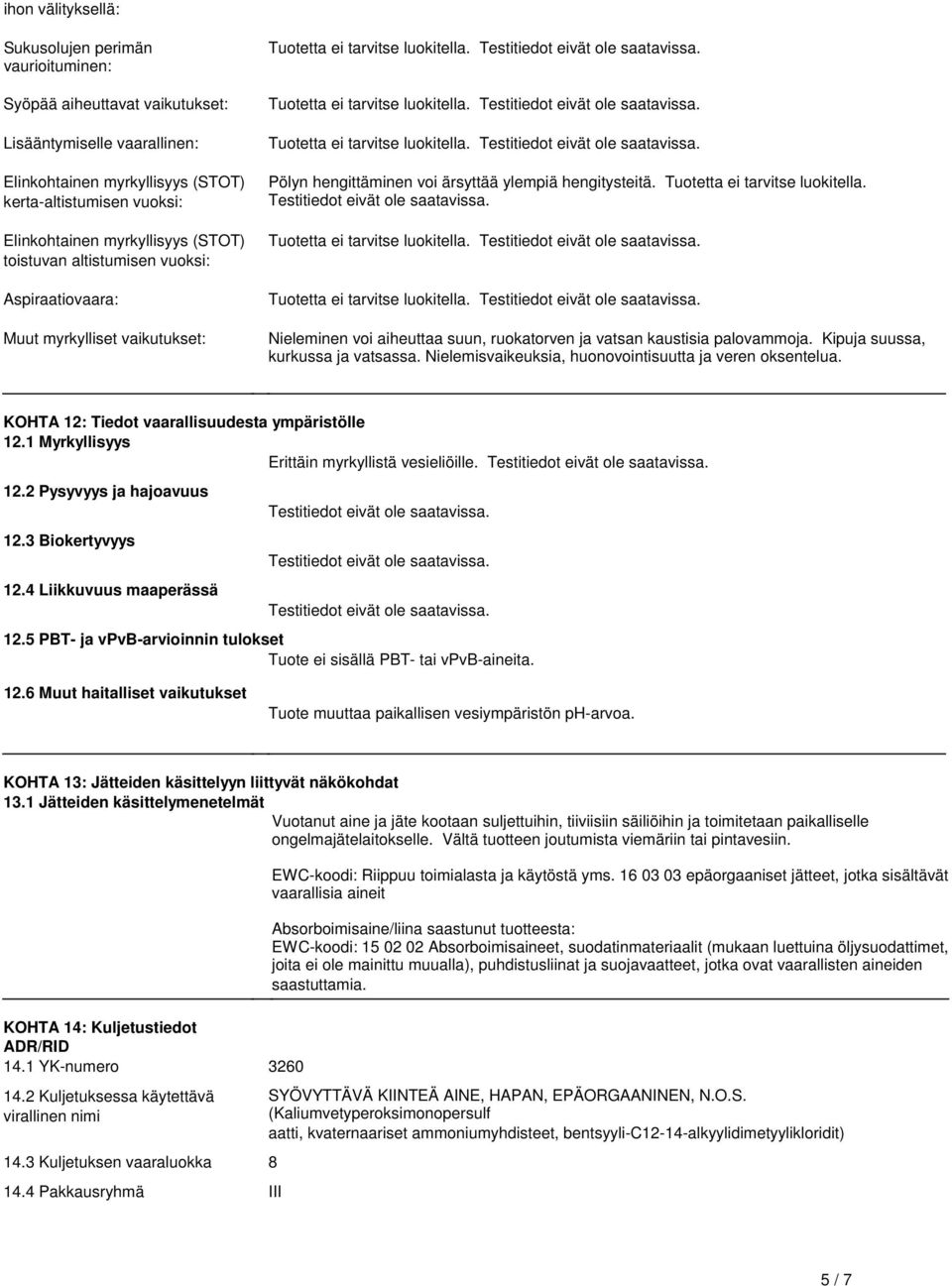 Testitiedot eivät ole saatavissa Tuotetta ei tarvitse luokitella Testitiedot eivät ole saatavissa Pölyn hengittäminen voi ärsyttää ylempiä hengitysteitä Tuotetta ei tarvitse luokitella Testitiedot