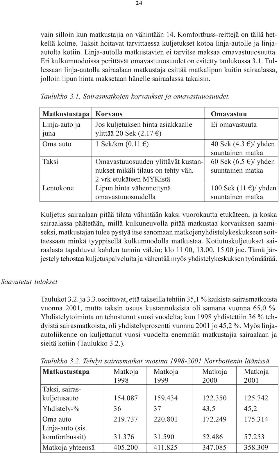 Tullessaan linja-autolla sairaalaan matkustaja esittää matkalipun kuitin sairaalassa, jolloin lipun hinta maksetaan hänelle sairaalassa takaisin. Taulukko 3.1.