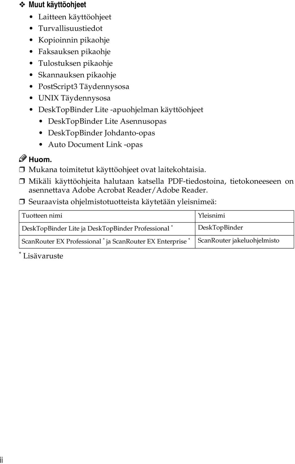 Mukana toimitetut käyttöohjeet ovat laitekohtaisia. Mikäli käyttöohjeita halutaan katsella PDF-tiedostoina, tietokoneeseen on asennettava Adobe Acrobat Reader/Adobe Reader.