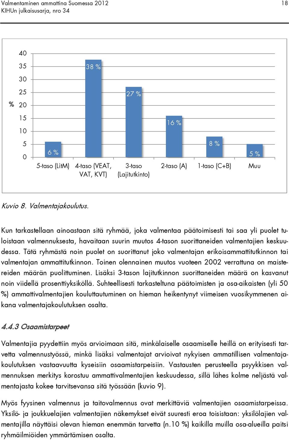 Kun tarkastellaan ainoastaan sitä ryhmää, joka valmentaa päätoimisesti tai saa yli puolet tuloistaan valmennuksesta, havaitaan suurin muutos 4-tason suorittaneiden valmentajien keskuudessa.