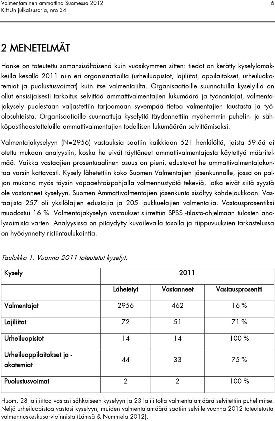 Organisaatioille suunnatuilla kyselyillä on ollut ensisijaisesti tarkoitus selvittää ammattivalmentajien lukumäärä ja työnantajat, valmentajakysely puolestaan valjastettiin tarjoamaan syvempää tietoa