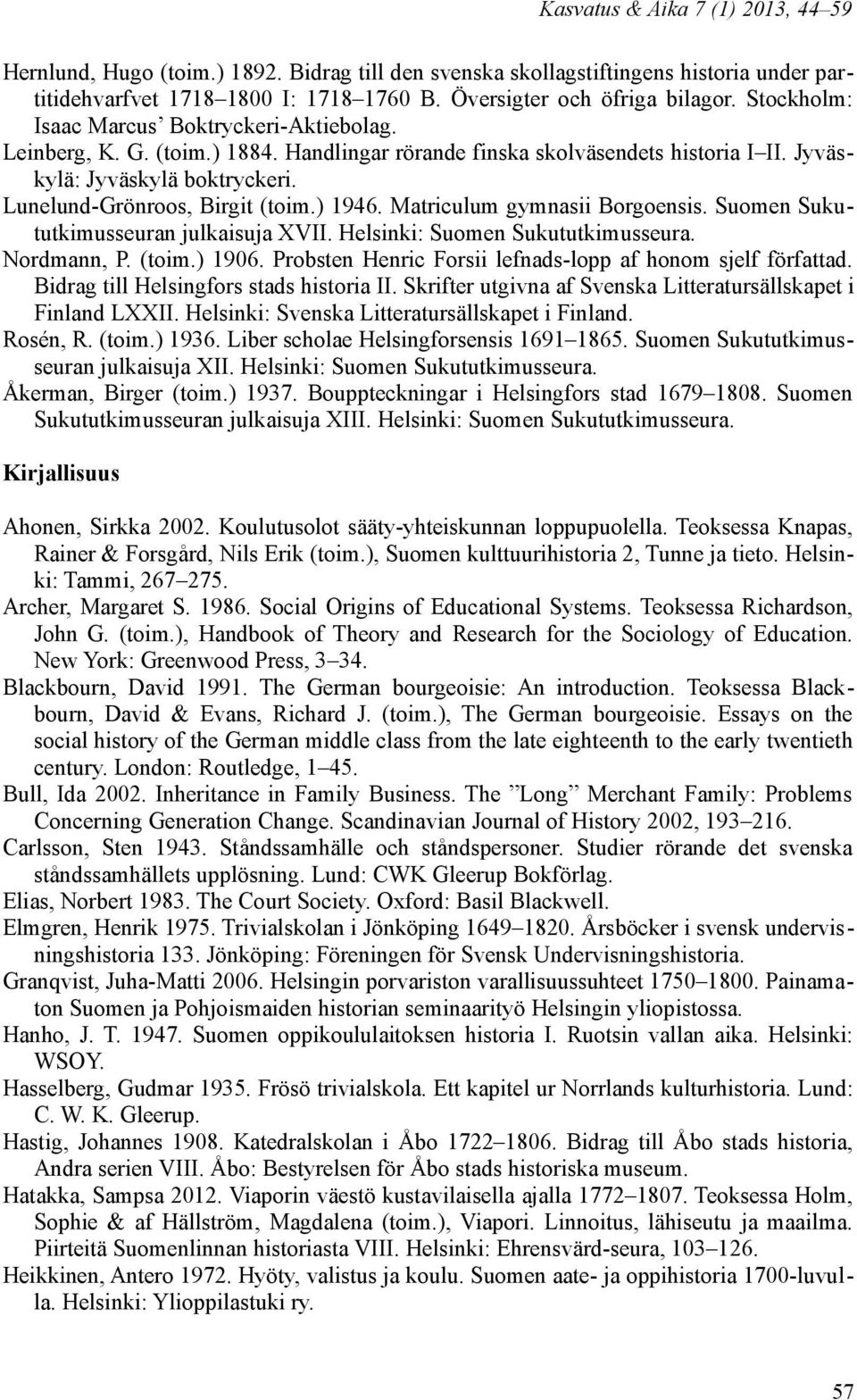 ) 1946. Matriculum gymnasii Borgoensis. Suomen Sukututkimusseuran julkaisuja XVII. Helsinki: Suomen Sukututkimusseura. Nordmann, P. (toim.) 1906.