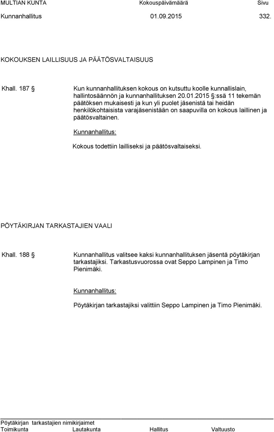 2015 :ssä 11 tekemän päätöksen mukaisesti ja kun yli puolet jäsenistä tai heidän henkilökohtaisista varajäsenistään on saapuvilla on kokous laillinen ja päätösvaltainen.