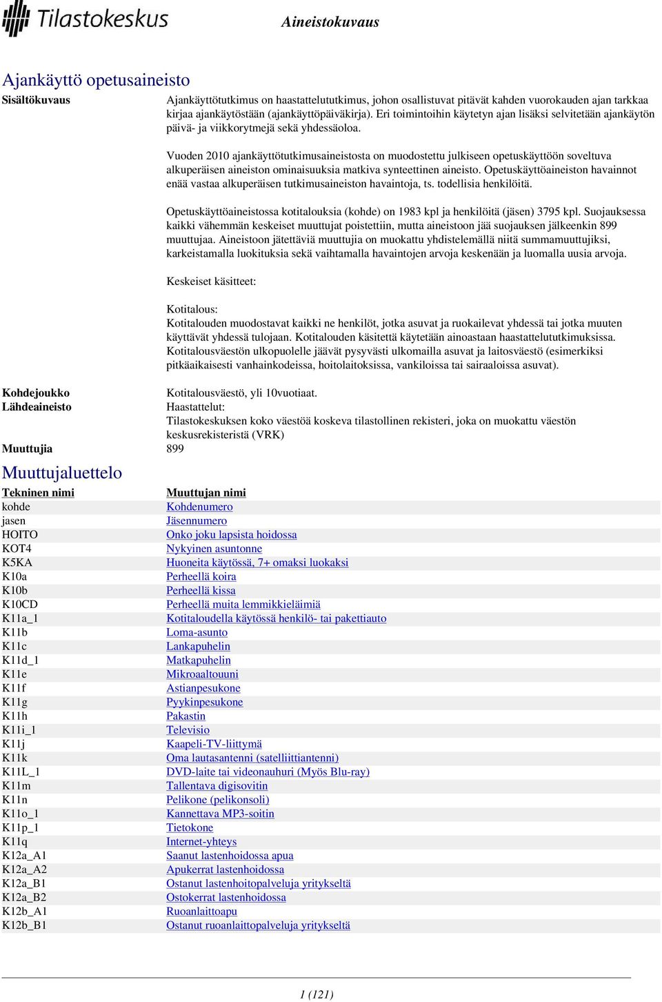 Vuoden 2010 ajankäyttötutkimusaineistosta on muodostettu julkiseen opetuskäyttöön soveltuva alkuperäisen aineiston ominaisuuksia matkiva synteettinen aineisto.