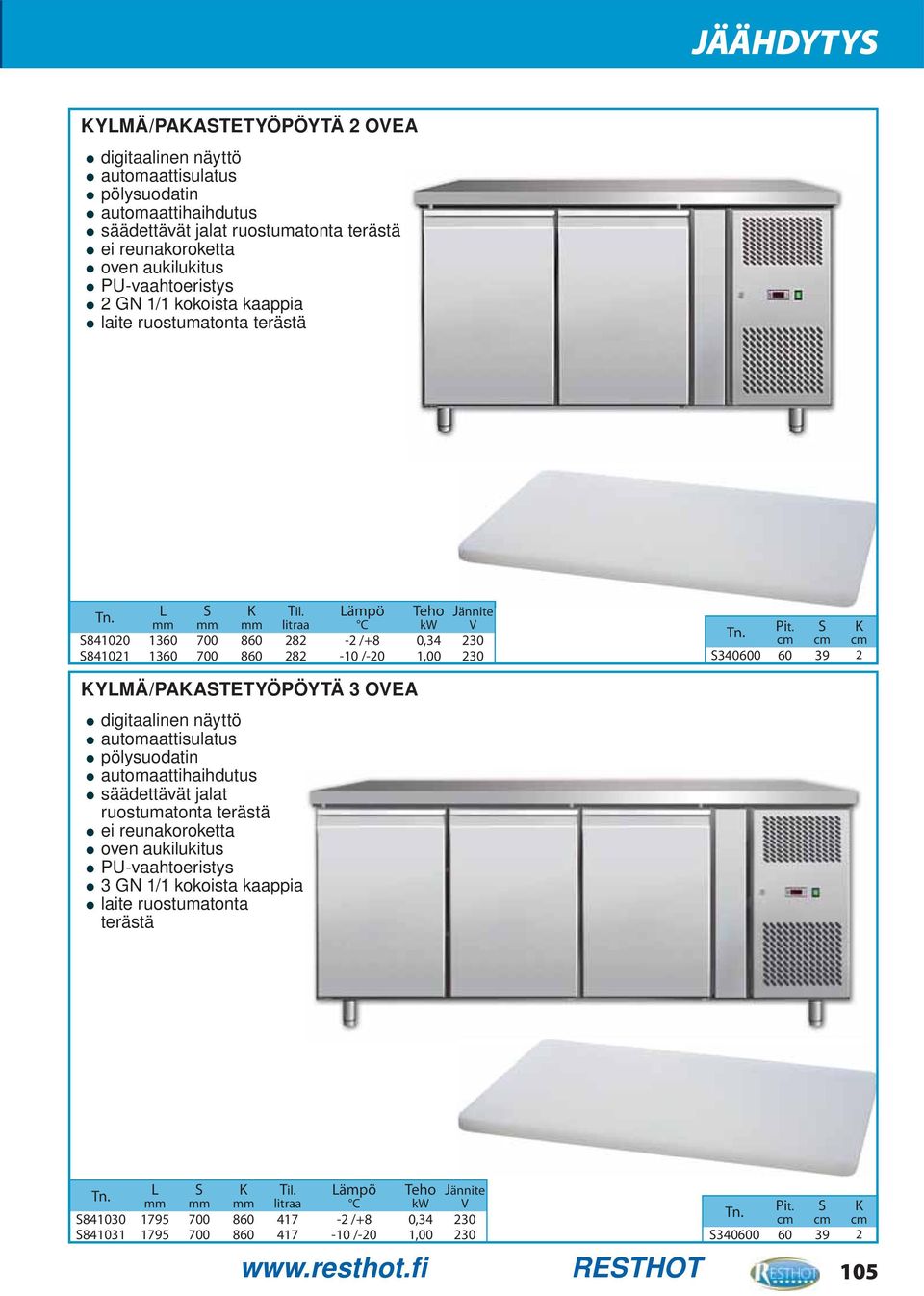 S K cm cm cm S340600 60 39 2 KYLMÄ/PAKASTETYÖPÖYTÄ 3 OEA säädettävät jalat ruostumatonta terästä ei reunakoroketta oven aukilukitus PU-vaahtoeristys 3 GN