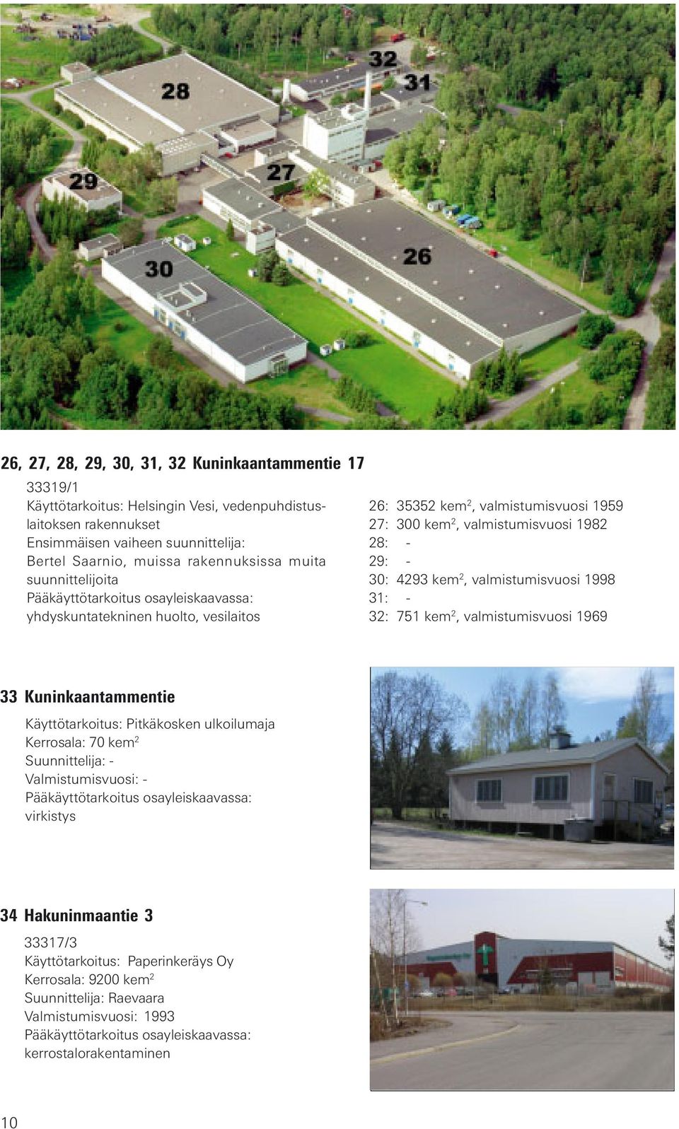 29: - 30: 4293 kem 2, valmistumisvuosi 1998 31: - 32: 751 kem 2, valmistumisvuosi 1969 33 Kuninkaantammentie Käyttötarkoitus: Pitkäkosken ulkoilumaja Kerrosala: 70 kem 2