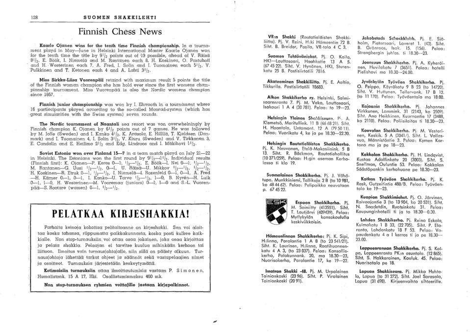 We's'terinen,e'och 7, A. Fred, 1. Solin ond 1. Tuomainen each SI f2, V. PulikkinenallJd T. Ketonen eacb. 4 and A. Lahti 3 1 /2- Miss Sirkka-Liisa Vuorenpää retai-nd with maximum resu'!