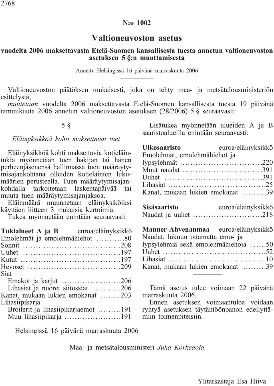 annetun valtioneuvoston asetuksen (28/2006) 5 seuraavasti: 5 Eläinyksikköä kohti maksettavat tuet Eläinyksikköä kohti maksettavia kotieläintukia myönnetään tuen hakijan tai hänen perheenjäsenensä