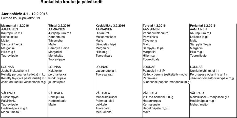 Jauhelihakastike m! Kalakeitto Lasagnette la! Palapaisti m,l @ Uunikirjolohi m, gl!