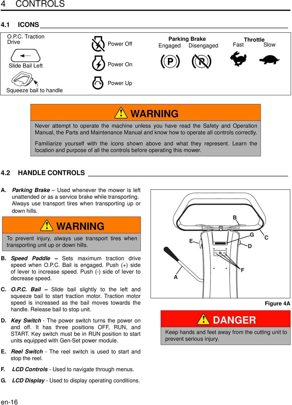 Familiarize yourself with the icons shown above and what they represent. Learn the location and purpose of all the controls before operating this mower. 4.2 HANDLE CONTROLS A.