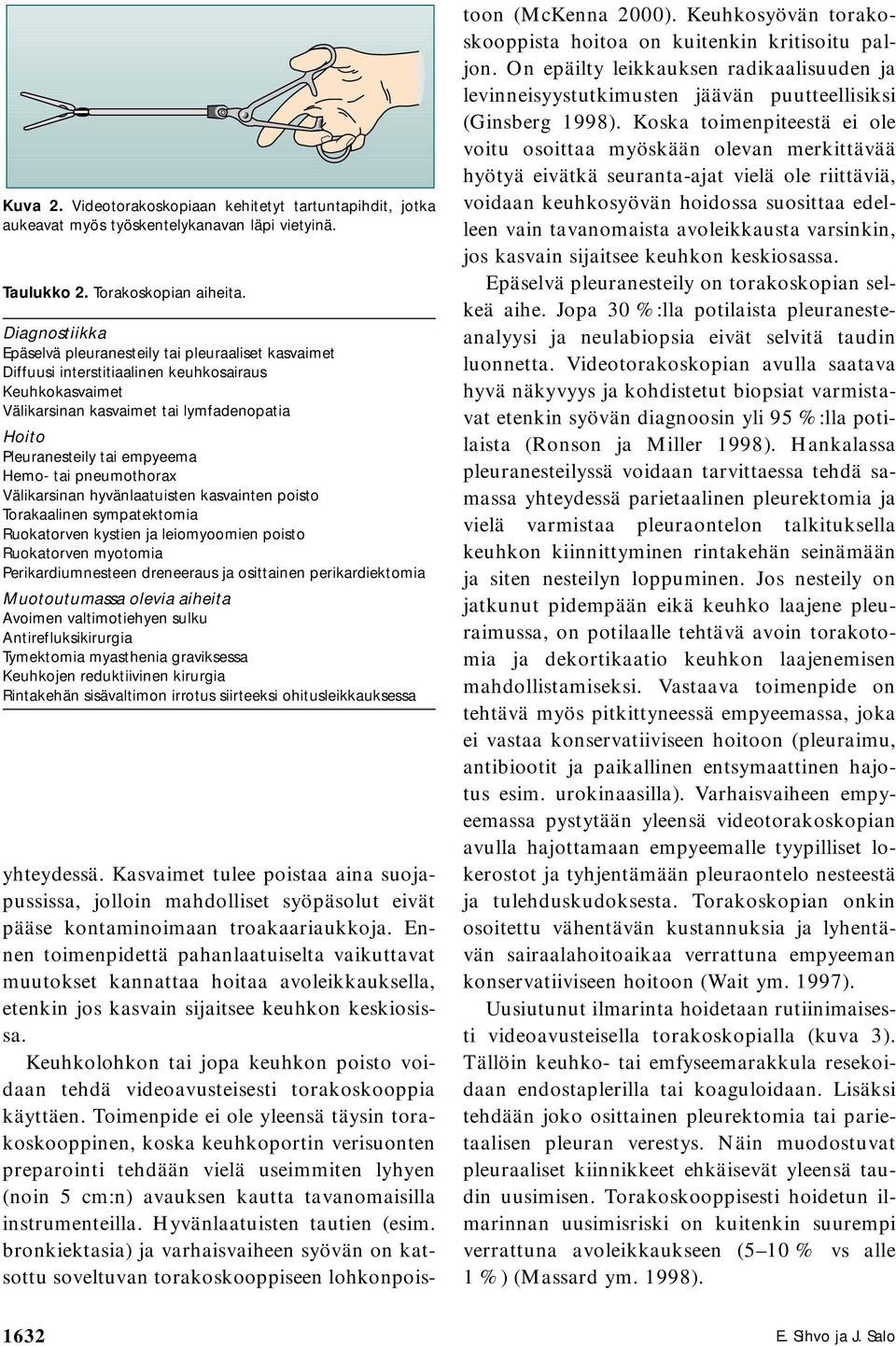 Hemo- tai pneumothorax Välikarsinan hyvänlaatuisten kasvainten poisto Torakaalinen sympatektomia Ruokatorven kystien ja leiomyoomien poisto Ruokatorven myotomia Perikardiumnesteen dreneeraus ja