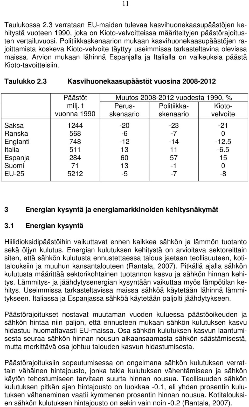 Arvion mukaan lähinnä Espanjalla ja Italialla on vaikeuksia päästä Kioto-tavoitteisiin. Taulukko 2.3 Kasvihuonekaasupäästöt vuosina 2008-2012 Päästöt milj.