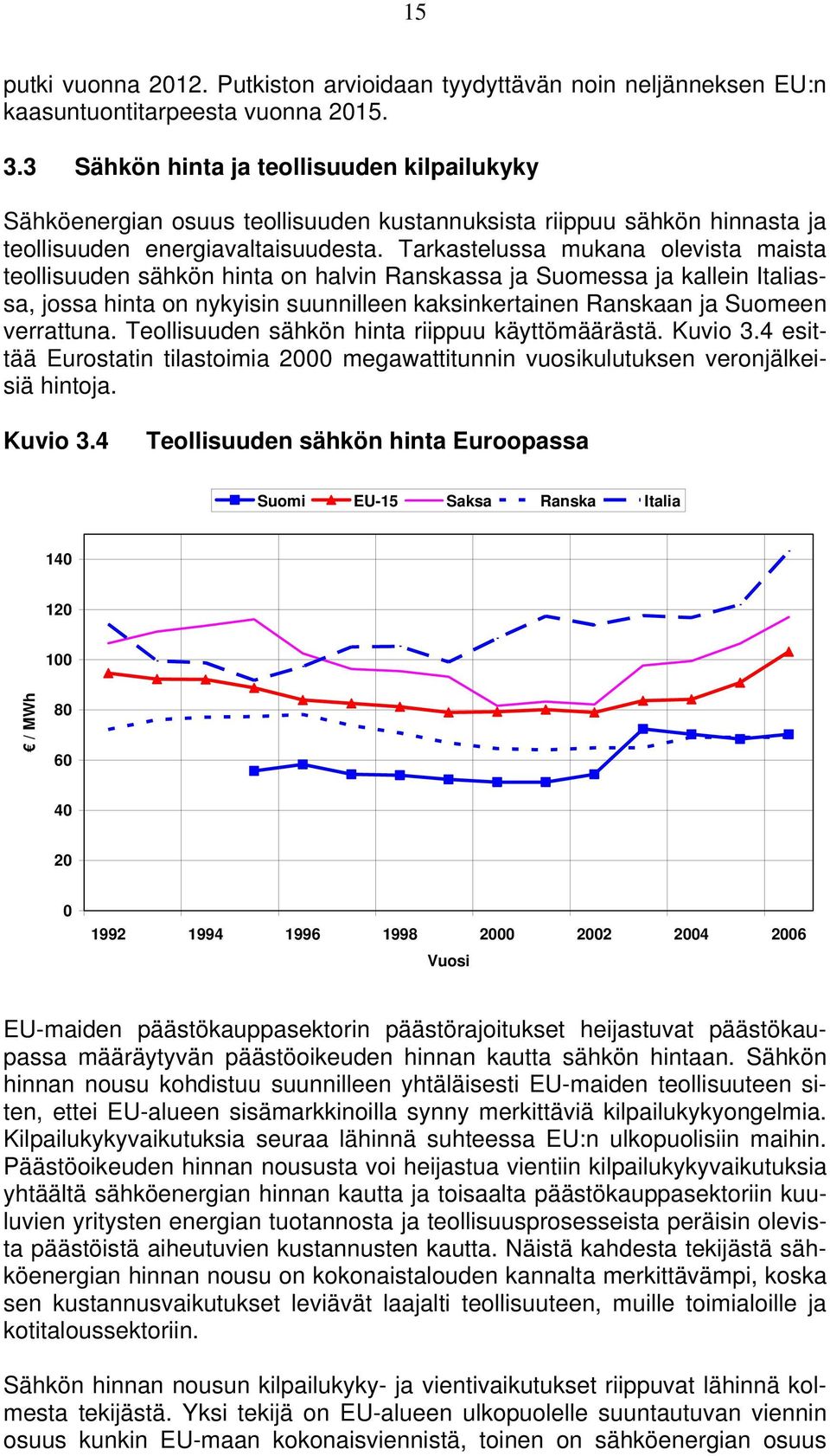 Tarkastelussa mukana olevista maista teollisuuden sähkön hinta on halvin Ranskassa ja Suomessa ja kallein Italiassa, jossa hinta on nykyisin suunnilleen kaksinkertainen Ranskaan ja Suomeen verrattuna.