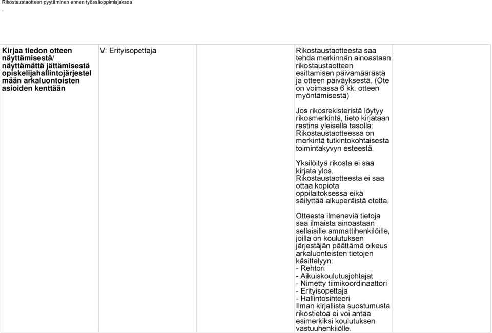 otteen myöntämisestä) Jos rikosrekisteristä löytyy rikosmerkintä, tieto kirjataan rastina yleisellä tasolla: Rikostaustaotteessa on merkintä tutkintokohtaisesta toimintakyvyn esteestä.