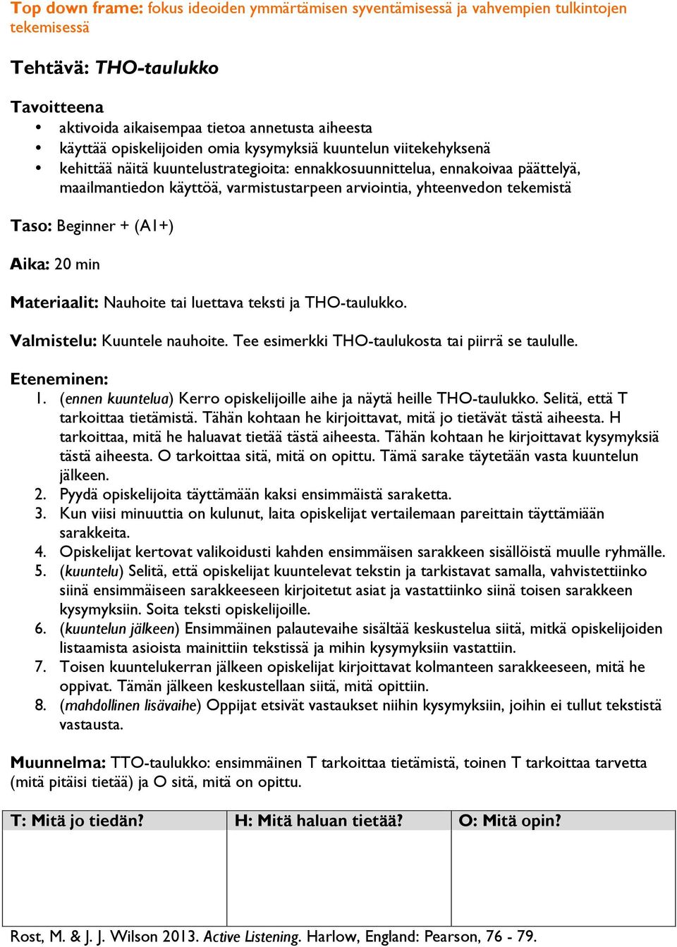 Beginner + (A1+) Aika: 20 min Materiaalit: Nauhoite tai luettava teksti ja THO-taulukko. Kuuntele nauhoite. Tee esimerkki THO-taulukosta tai piirrä se taululle. 1.