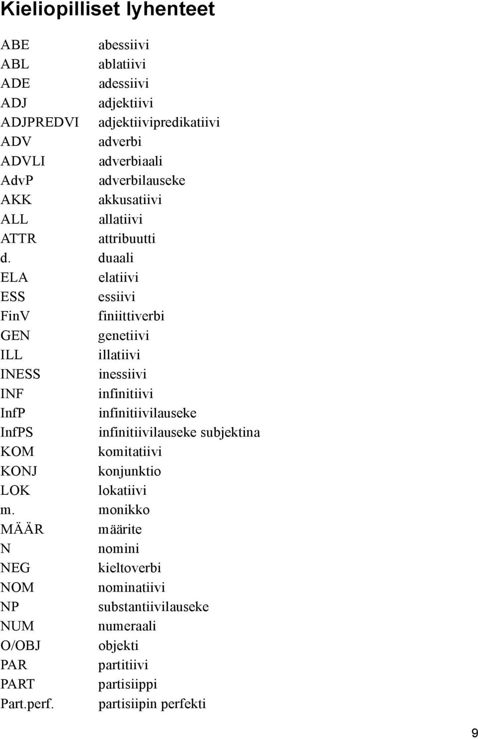 duaali ELA elatiivi ESS essiivi FinV finiittiverbi GEN genetiivi ILL illatiivi INESS inessiivi INF infinitiivi InfP infinitiivilauseke InfPS