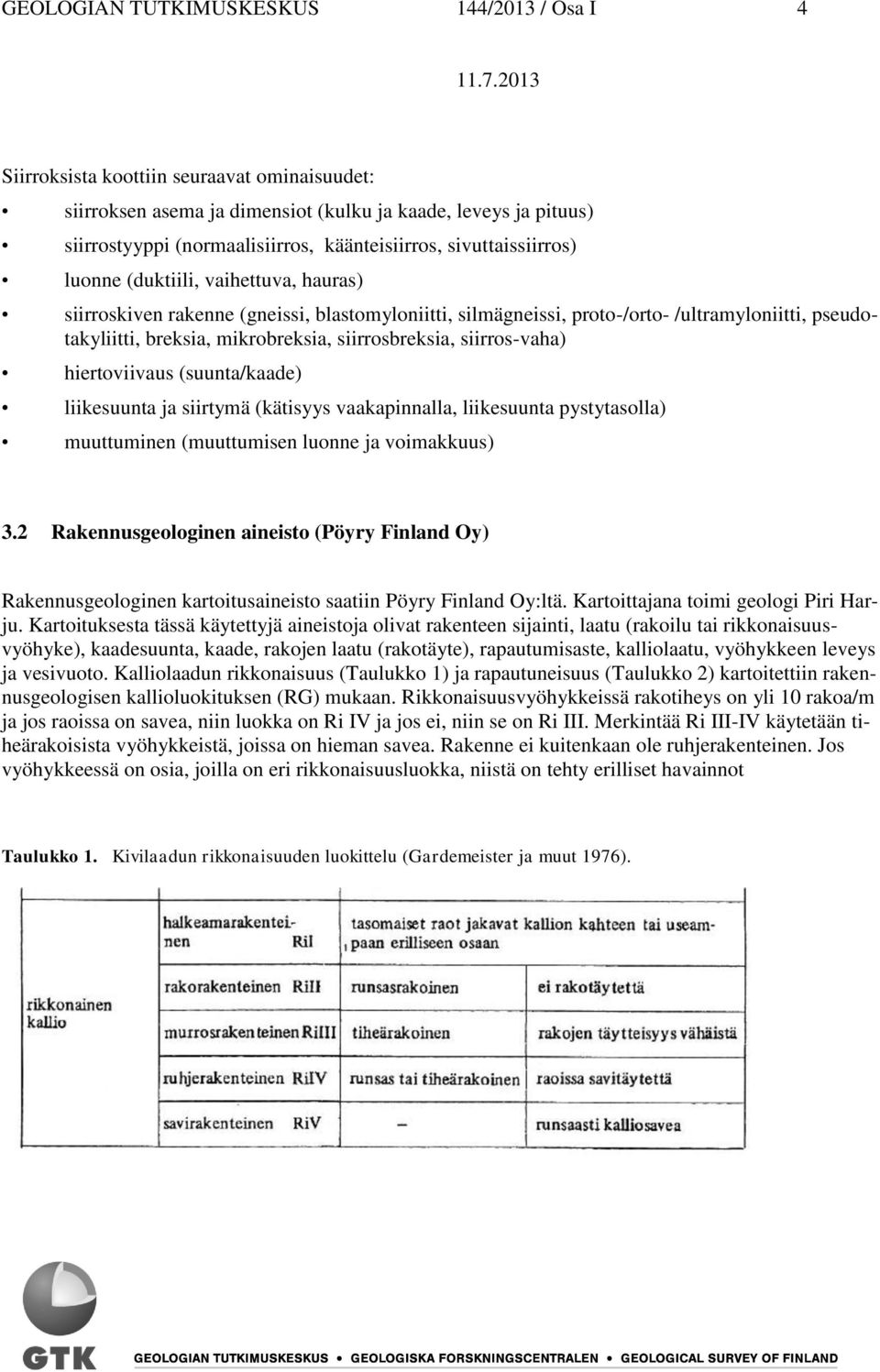 mikrobreksia, siirrosbreksia, siirros-vaha) hiertoviivaus (suunta/kaade) liikesuunta ja siirtymä (kätisyys vaakapinnalla, liikesuunta pystytasolla) muuttuminen (muuttumisen luonne ja voimakkuus) 3.