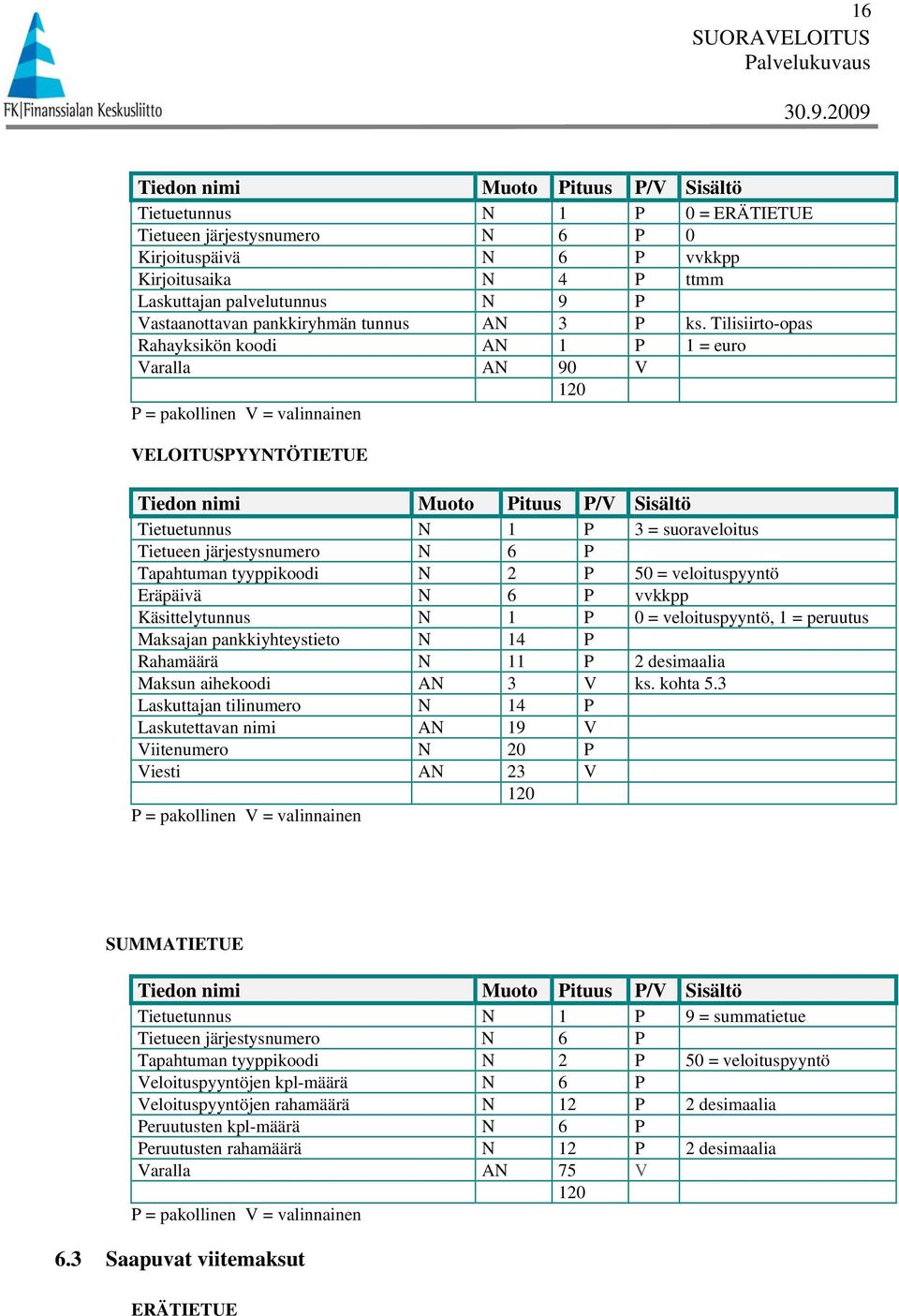 Tilisiirto-opas Rahayksikön koodi AN 1 P 1 = euro Varalla AN 90 V 120 P = pakollinen V = valinnainen VELOITUSPYYNTÖTIETUE Tiedon nimi Muoto Pituus P/V Sisältö Tietuetunnus N 1 P 3 = suoraveloitus